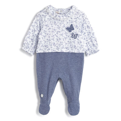 Girls Dark Light Blue Printed Leg Opening Babysuit